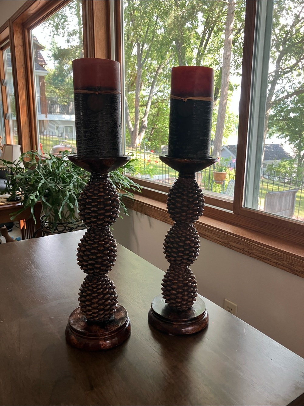 Brown Pinecone Pillar Holders with Candles